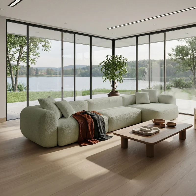 Modulares Ecksofa Baomi, großes L-förmiges, mit Hocker, rechtsseitig, Salbeigrün, Chenille