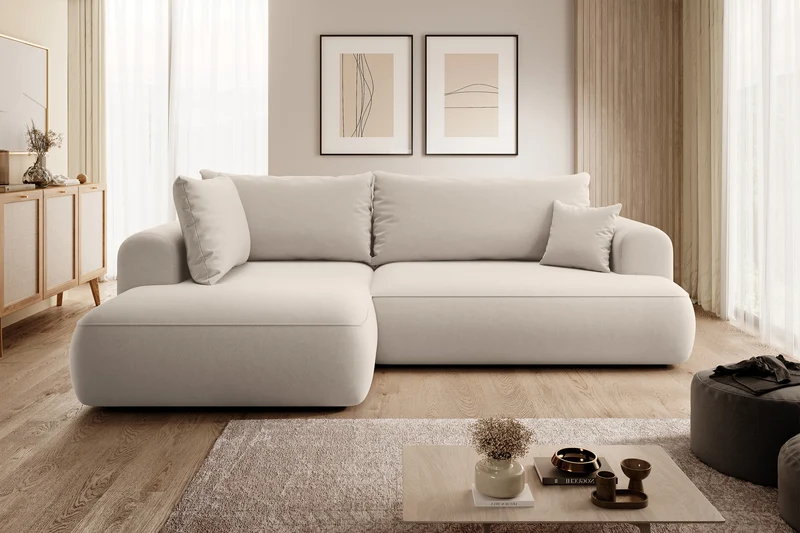 Ecksofa mit Schlaffunktion Ovo, L-förmig, mit Armlehne und Stauraum, hellbeiger, pflegeleichter Velours, linksseitig