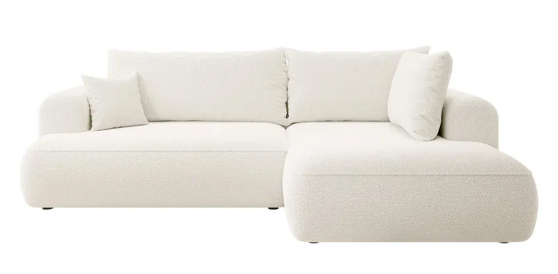 Ecksofa mit Schlaffunktion Ovo, L-förmig, mit Armlehne und Stauraum, cremefarbenes Bouclé, rechtsseitig