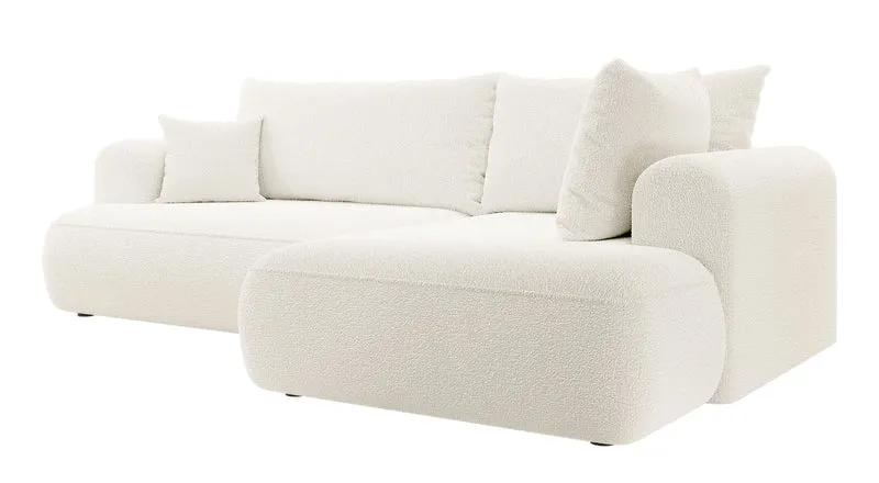 Ecksofa mit Schlaffunktion Ovo, L-förmig, mit Armlehne und Stauraum, cremefarbenes Bouclé, rechtsseitig
