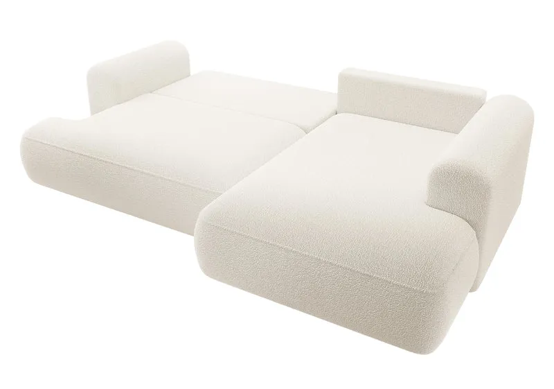 Ecksofa mit Schlaffunktion Ovo, L-förmig, mit Armlehne und Stauraum, cremefarbenes Bouclé, rechtsseitig