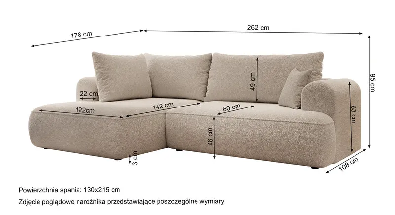 Ecksofa mit Schlaffunktion Ovo, L-förmig, mit Armlehne und Stauraum, dunkelbeige Bouclé, linksseitig