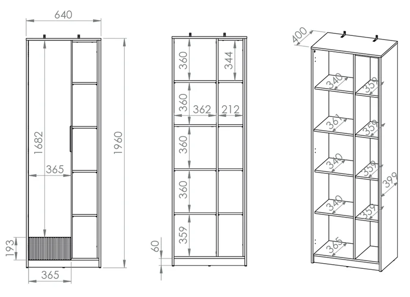 Jugendschrank Torino mit einer Tür, 64 cm breit, mit gerillten Nischen, Eiche Honey Castello/Alpenweiß/Grafit