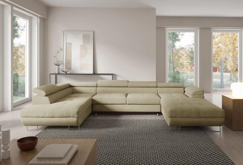 Ecksofa mit Schlaffunktion Nollia, U-förmig, linksseitig, mit verstellbaren Kopfstützen und zwei Stauraumfächern, beige Bouclé