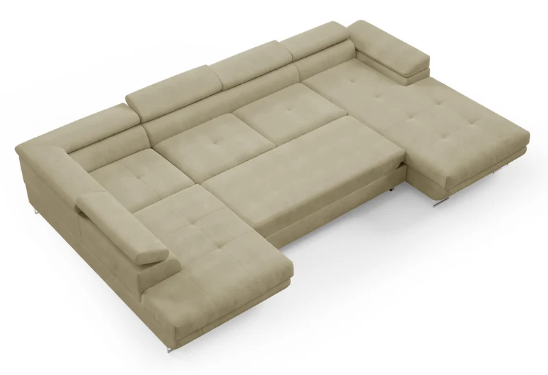 Ecksofa mit Schlaffunktion Nollia, U-förmig, linksseitig, mit verstellbaren Kopfstützen und zwei Stauraumfächern, beige Bouclé