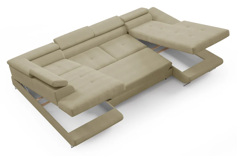 Ecksofa mit Schlaffunktion Nollia, U-förmig, linksseitig, mit verstellbaren Kopfstützen und zwei Stauraumfächern, beige Bouclé