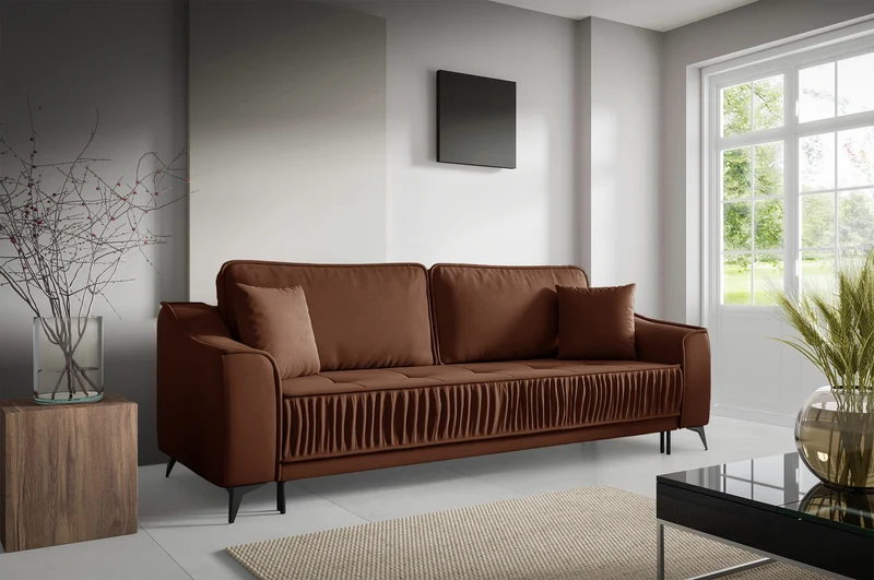 Ausziehbare Dreisitzer-Couch Louisos mit Stauraum, kupferfarbener Veloursstoff, wasserabweisend