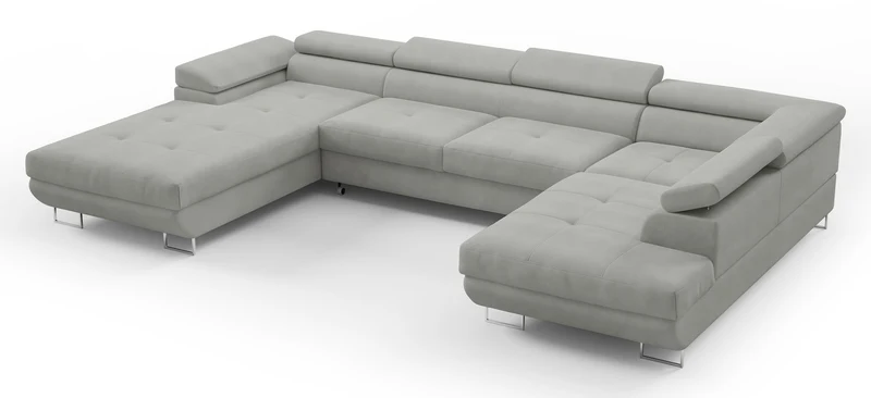 Ecksofa mit Schlaffunktion Nollia, U-förmig, rechtsseitig, mit verstellbaren Kopfstützen und zwei Aufbewahrungsboxen, hellgrauer Bouclé-Stoff