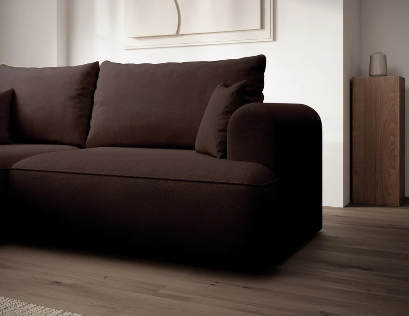 Ecksofa mit Schlaffunktion Ovo Mini, L-förmig, linksseitig, brauner Chenille, pflegeleicht