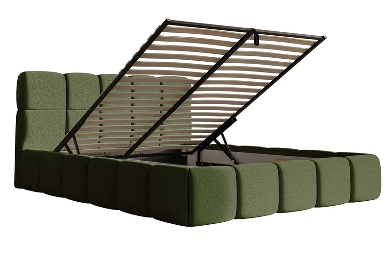 Gepolstertes Bett 120x200 cm Cloudy mit Stauraum, Metallrahmen, olivgrüner hydrophober Chenillestoff