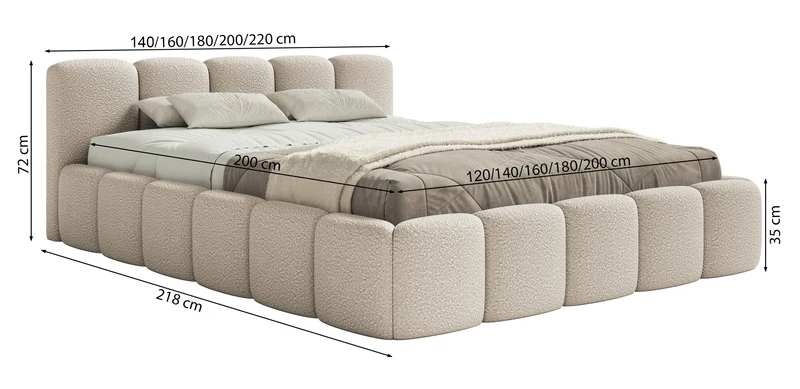 Gepolstertes Bett 120x200 cm Cloudy Low mit Stauraum, Metallrahmen, olivfarbenes Bouclé