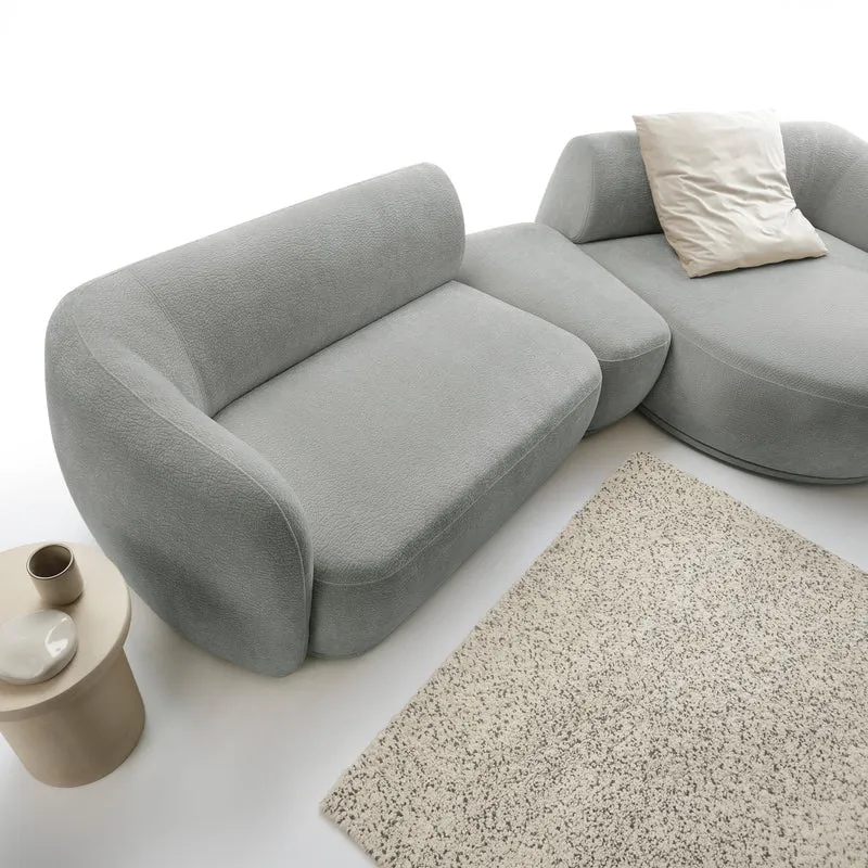 Modulares Ecksofa Bommo L-förmig mit Pouf, rechtsseitig, grauer Chenille-Stoff