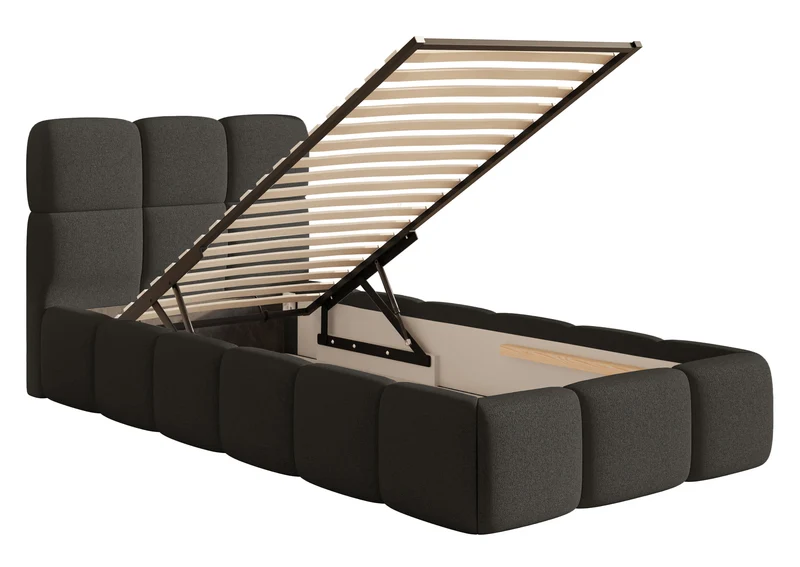 Gepolstertes Bett 90x200 cm Cloudy mit Stauraum, Metallrahmen, graphitfarben, hydrophobes Chenille