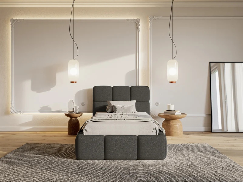 Gepolstertes Bett 90x200 cm Cloudy mit Stauraum, Metallrahmen, graphitfarben, hydrophobes Chenille