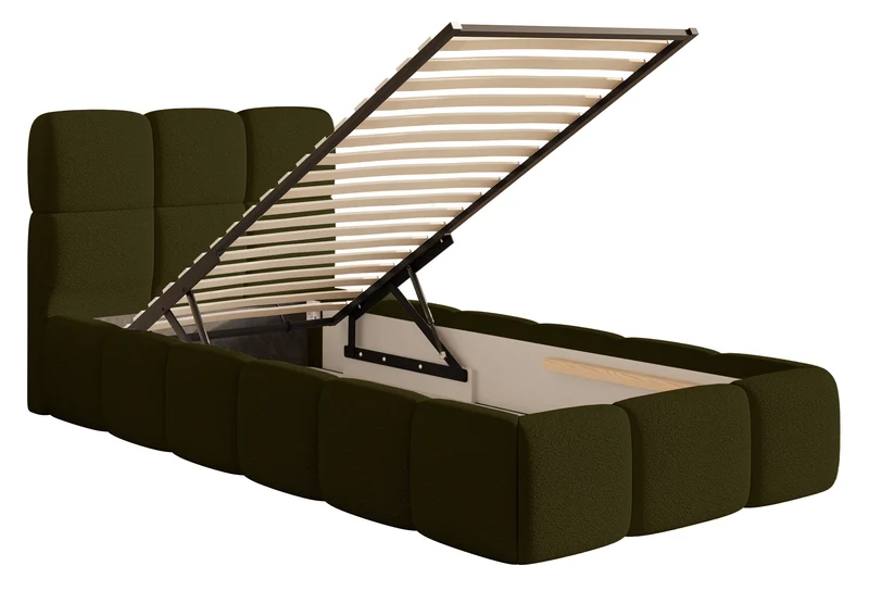 Gepolstertes Bett 90x200 cm Cloudy mit Stauraum, Metallrahmen, olivfarbenes Bouclé