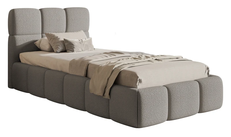 Polsterbett 90x200 cm Cloudy mit Stauraum, Metallrahmen, grauer Bouclé-Stoff