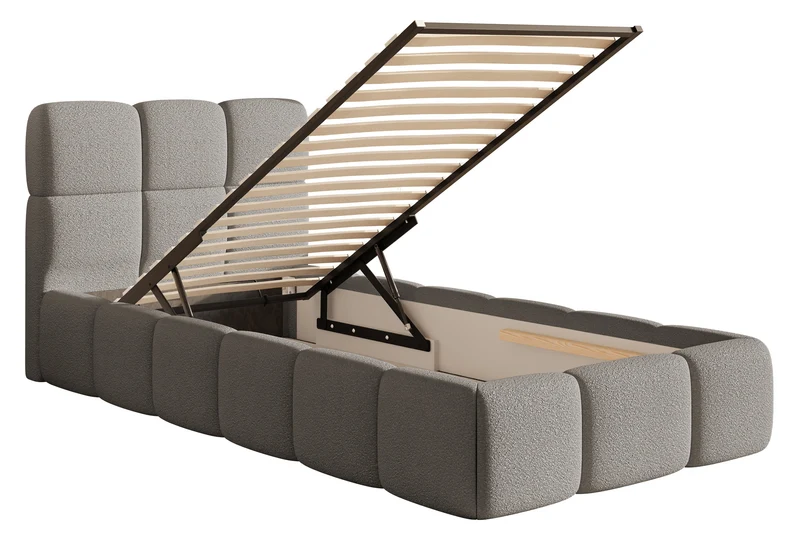 Polsterbett 90x200 cm Cloudy mit Stauraum, Metallrahmen, grauer Bouclé-Stoff