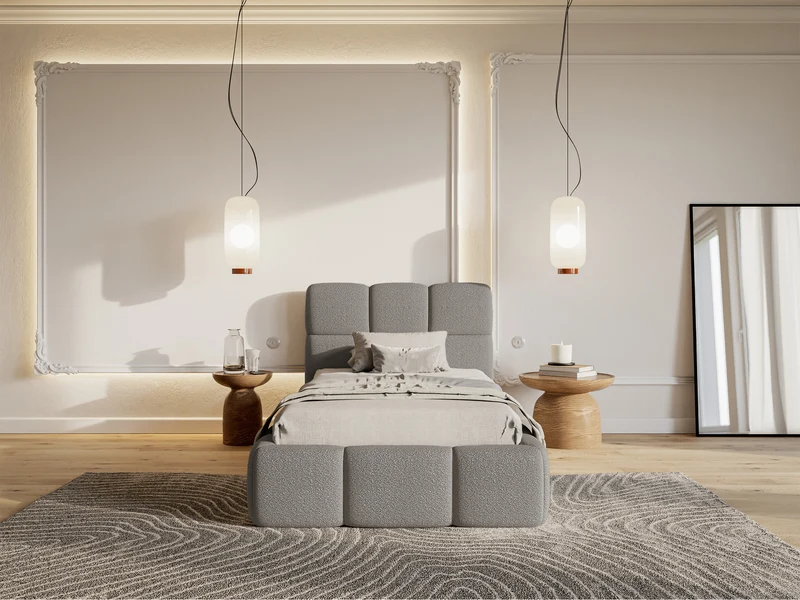Polsterbett 90x200 cm Cloudy mit Stauraum, Metallrahmen, grauer Bouclé-Stoff