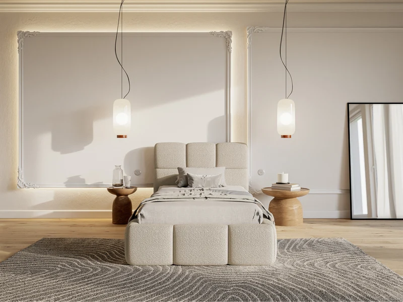 Polsterbett 90x200 cm Cloudy mit Stauraum, Metallrahmen, hellbeiges Bouclé