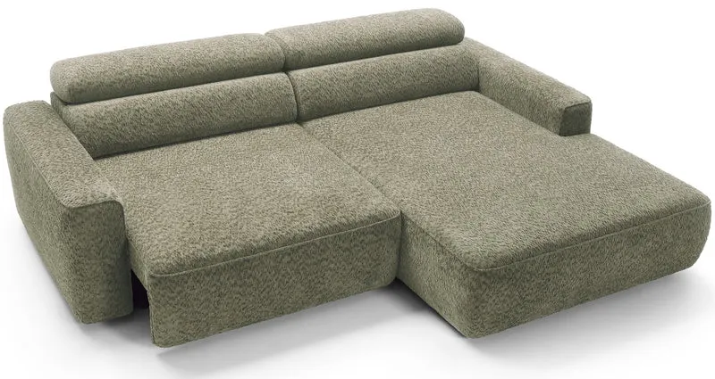 Ecksofa Fando mit elektrisch ausziehbarem Sitz, L-förmig, rechtsseitig, salbeigrüner Chenille-Stoff