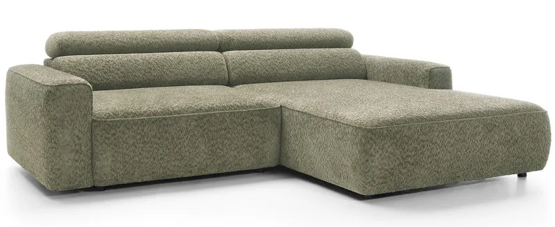 Ecksofa Fando mit elektrisch ausziehbarem Sitz, L-förmig, rechtsseitig, salbeigrüner Chenille-Stoff