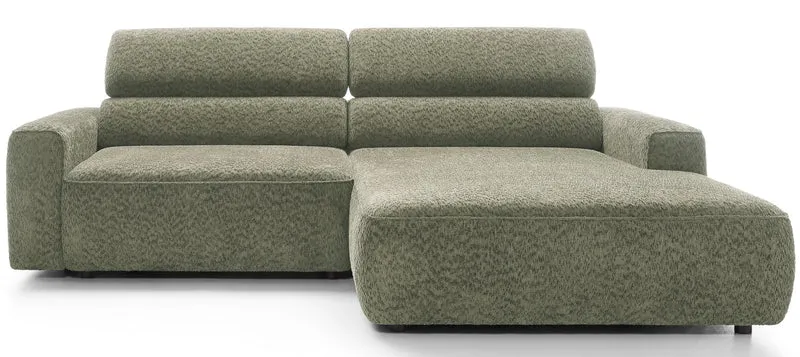 Ecksofa Fando mit elektrisch ausziehbarem Sitz, L-förmig, rechtsseitig, salbeigrüner Chenille-Stoff