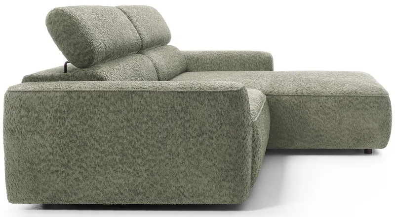 Ecksofa Fando mit elektrisch ausziehbarem Sitz, L-förmig, rechtsseitig, salbeigrüner Chenille-Stoff
