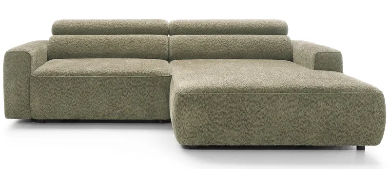 Ecksofa Fando mit elektrisch ausziehbarem Sitz, L-förmig, rechtsseitig, salbeigrüner Chenille-Stoff