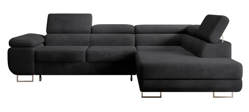 Ecksofa mit Schlaffunktion Stevil, L-förmig, mit Stauraum, schwarzer Cordstoff, rechtsseitig