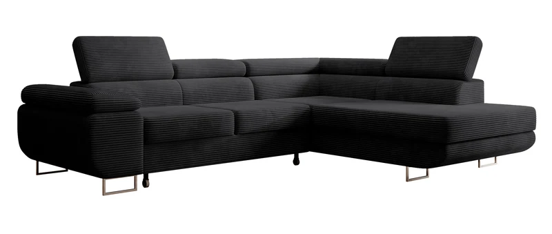 Ecksofa mit Schlaffunktion Stevil, L-förmig, mit Stauraum, schwarzer Cordstoff, rechtsseitig