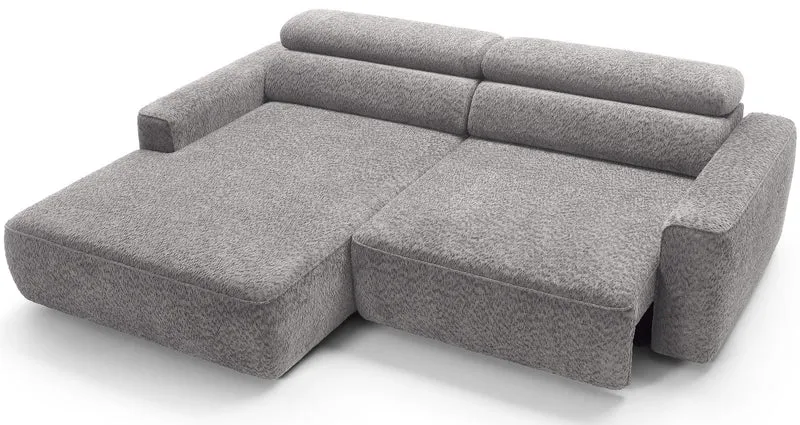 Ecksofa Fando mit elektrisch ausziehbarem Sitz, L-förmig, linksseitig, hellgrauer Chenille-Stoff