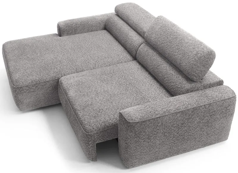 Ecksofa Fando mit elektrisch ausziehbarem Sitz, L-förmig, linksseitig, hellgrauer Chenille-Stoff