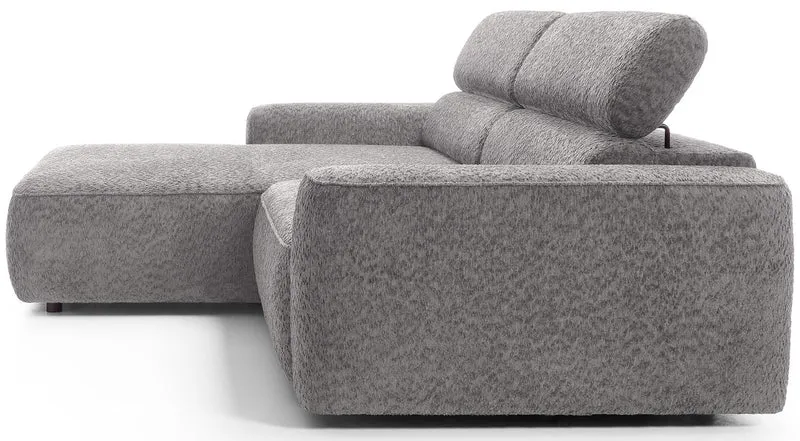Ecksofa Fando mit elektrisch ausziehbarem Sitz, L-förmig, linksseitig, hellgrauer Chenille-Stoff