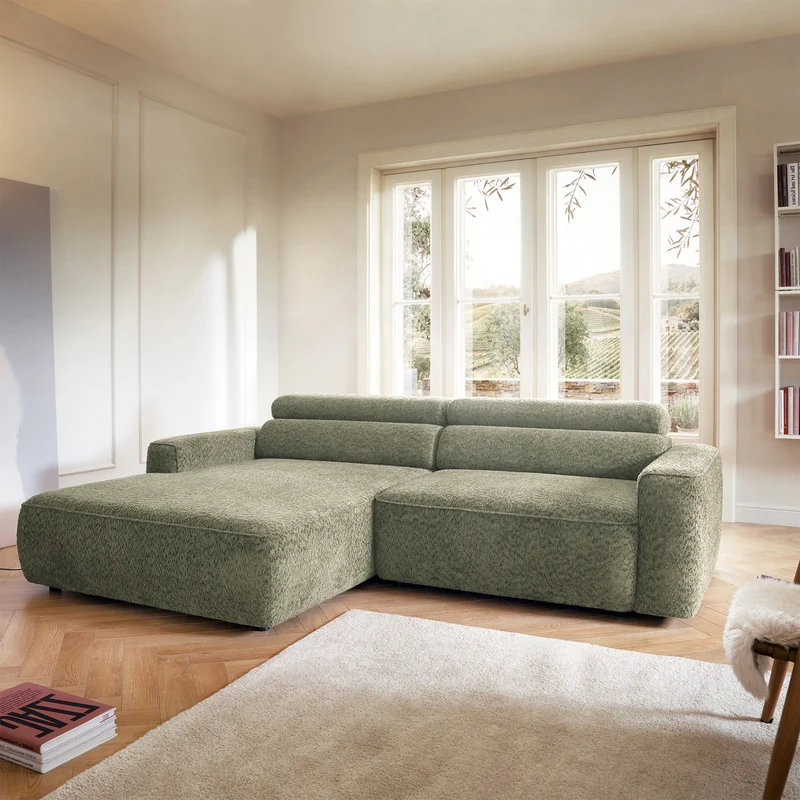 Ecksofa Fando mit elektrisch ausziehbarer Sitzfläche, L-förmig, linksseitig, salbeigrüner Chenillestoff