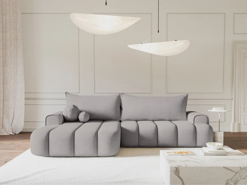 Ecksofa mit Schlaffunktion Dandelino, L-förmig, linksseitig, mit Stauraum, grauer Samt