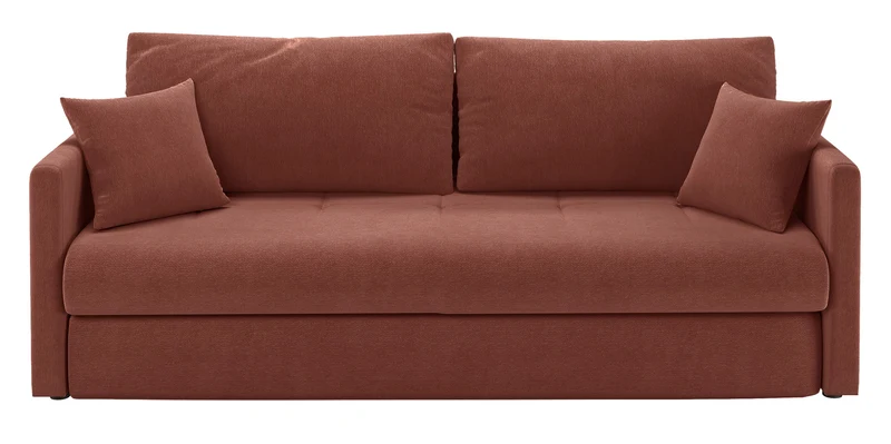 Dreisitziges ausklappbares Sofa Lorro mit Stauraum, kupferfarbener Chenille-Bezug