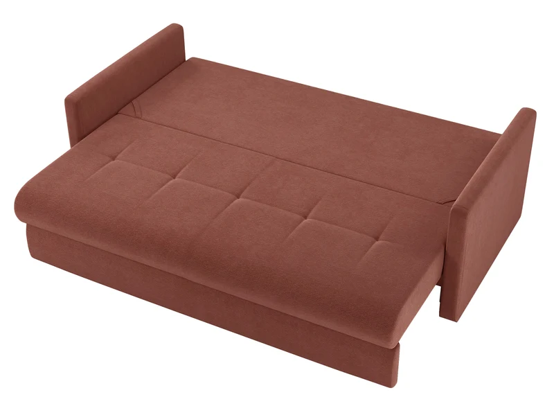 Dreisitziges ausklappbares Sofa Lorro mit Stauraum, kupferfarbener Chenille-Bezug