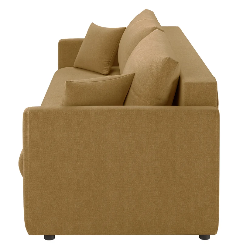 Dreisitziges ausklappbares Sofa Lorro mit Stauraum, senfgelber Chenillestoff