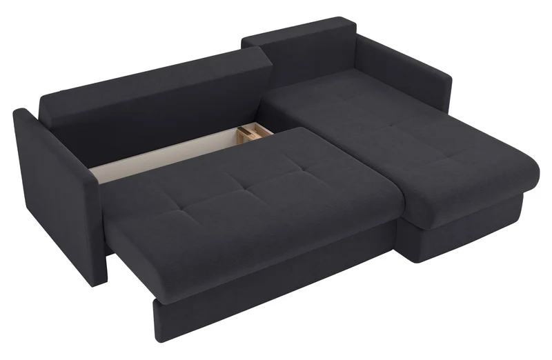 Ecksofa mit Schlaffunktion Lorro, L-förmig, universell mit zwei Stauraumfächern, graphitfarbener Chenillestoff