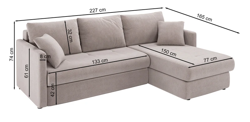Ecksofa mit Schlaffunktion Lorro, L-förmig, universell mit zwei Stauräumen, hellbrauner Chenille-Bezug