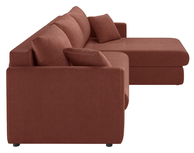 Ecksofa mit Schlaffunktion Lorro, L-förmig, universell mit zwei Stauraumfächern, kupferfarbener Chenillestoff
