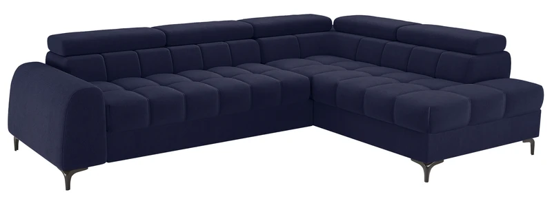 Ecksofa mit Schlaffunktion Arellio, L-förmig, rechtsseitig, mit Stauraum, marineblauer Chenille-Stoff