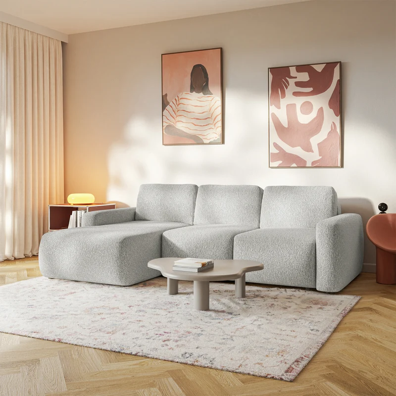 Ecksofa mit Schlaffunktion Carnos Mini, L-förmig, linksseitig, hellgrauer Chenille-Stoff