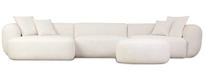 Modulares Ecksofa Baomi, großes L-förmiges linksseitiges Modell mit Hocker, cremefarbener Chenille-Bezug