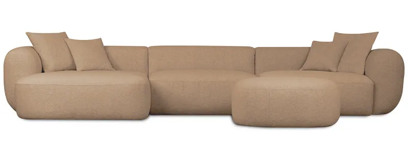 Großes L-förmiges modulares Ecksofa Baomi mit Pouf, linke Seite, senffarbenes Chenille