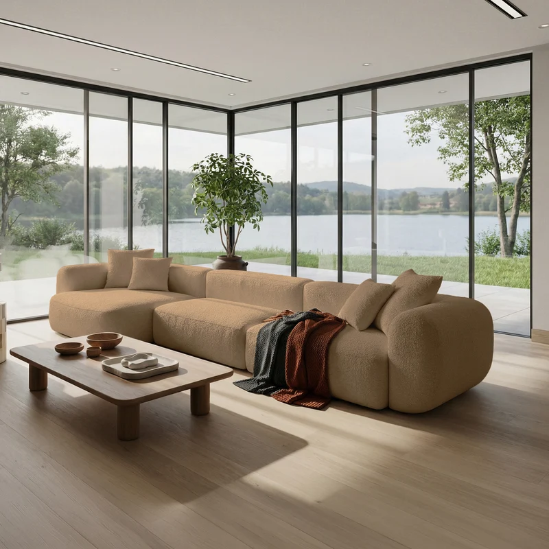 Großes L-förmiges modulares Ecksofa Baomi mit Pouf, linke Seite, senffarbenes Chenille