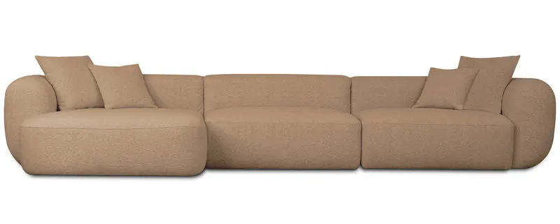 Großes L-förmiges modulares Ecksofa Baomi mit Pouf, linke Seite, senffarbenes Chenille