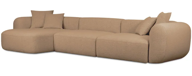 Großes L-förmiges modulares Ecksofa Baomi mit Pouf, linke Seite, senffarbenes Chenille