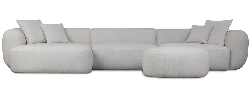Großes L-förmiges modulare Ecksofa Baomi mit Hocker, linksseitig, hellgrauer Chenillestoff
