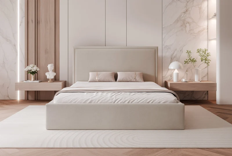 Gepolstertes Bett 180x200 cm Asurro mit Stauraum, Metallrahmen, beige Velours, wasserabweisend